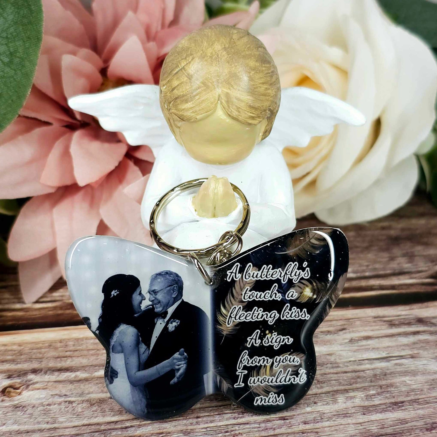 A butterfly's touch, butterfly personalised photo keyring, verse keyring, keepsake