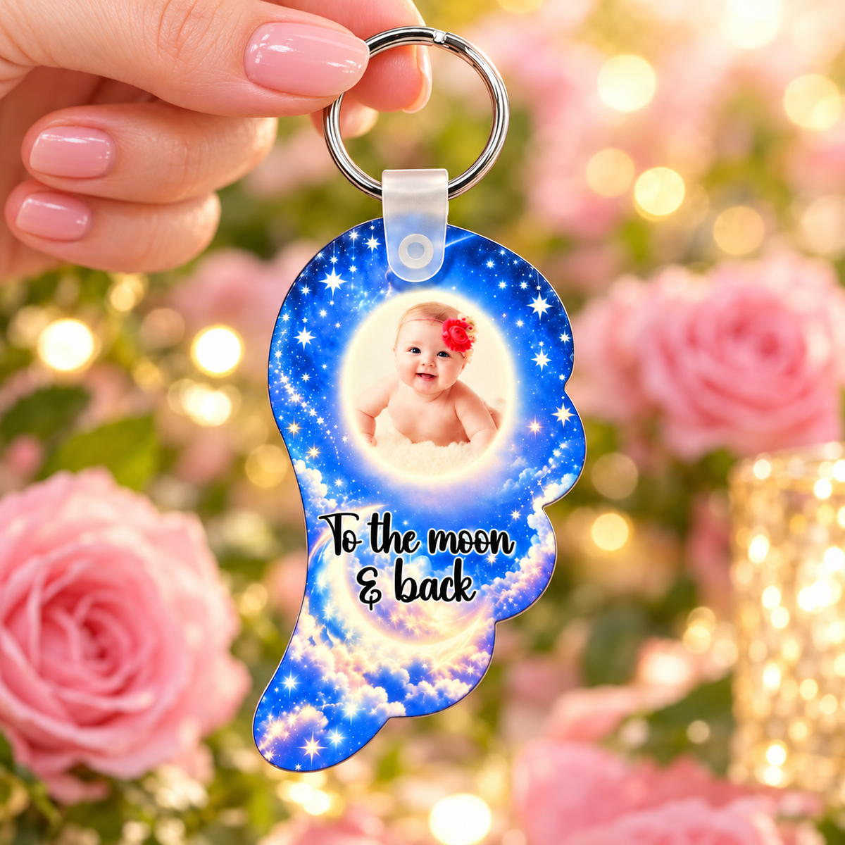 Blue starry sky baby memorial angel wing photo keyring held against soft pink roses