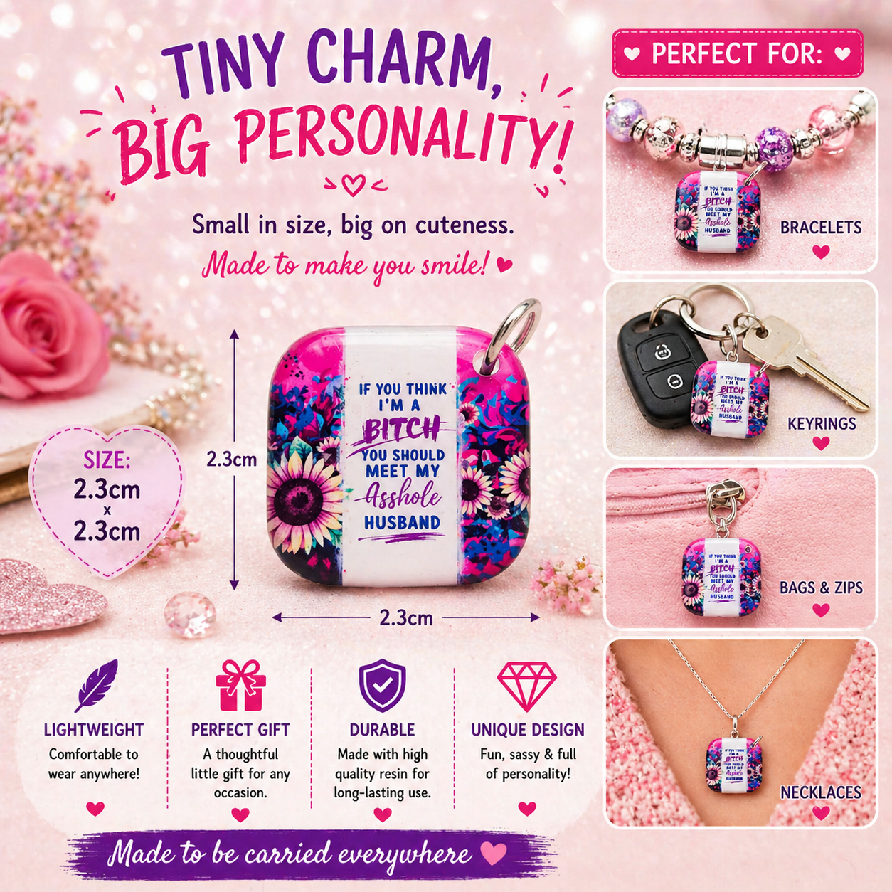 DESIGN 46. 2.3cm Square Charm – Funny, Cheeky & Custom Charms | Bracelet, Keyring, Bag Charm UK