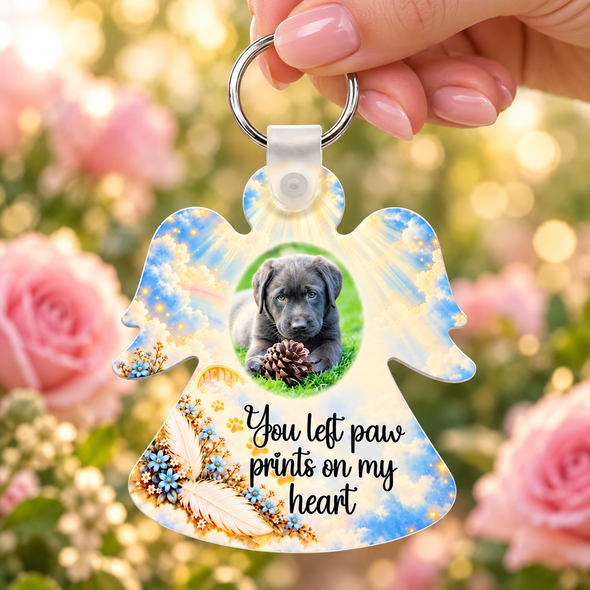 Dog memorial photo angel keyring held in hand against pink roses and warm fairy lights