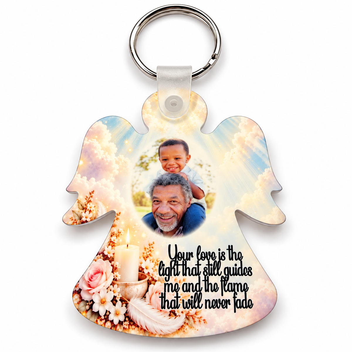Personalised memorial candle angel keyring with grandfather and child photograph, glowing candle, pink roses and heartfelt remembrance verse