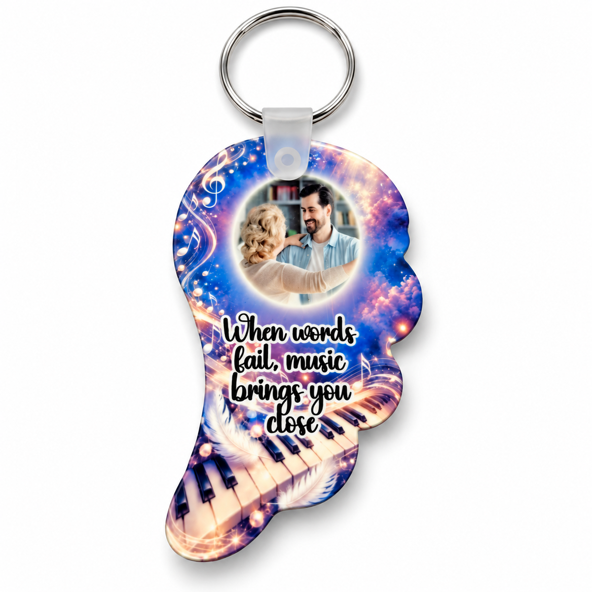 Personalised music memorial angel wing acrylic keyring with photo, piano keys, musical notes and When Words Fail Music Brings You Close verse