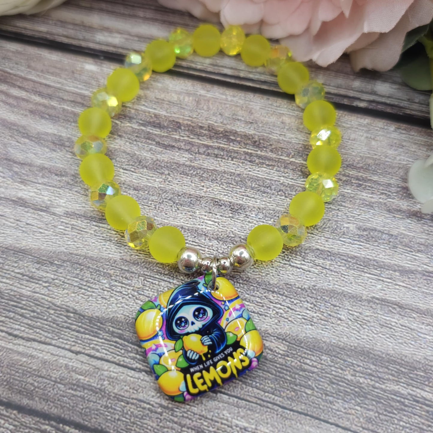 16cm when life gives you lemons Handmade Beaded Bracelet with Unique Charm – Glass or Gemstone Beads (140a)