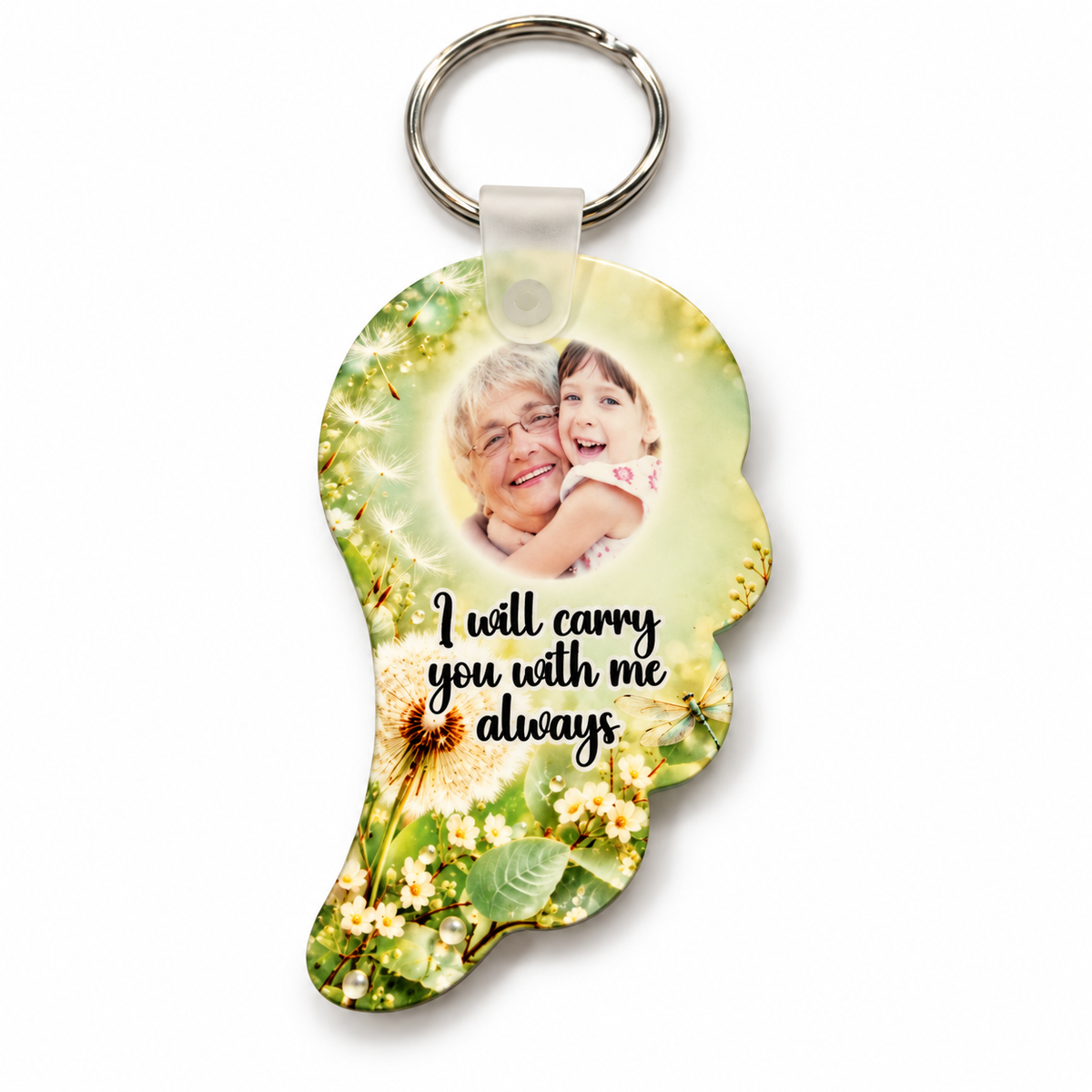 Personalised green dandelion angel wing memorial keyring with photograph, dragonfly and I Will Carry You With Me Always verse