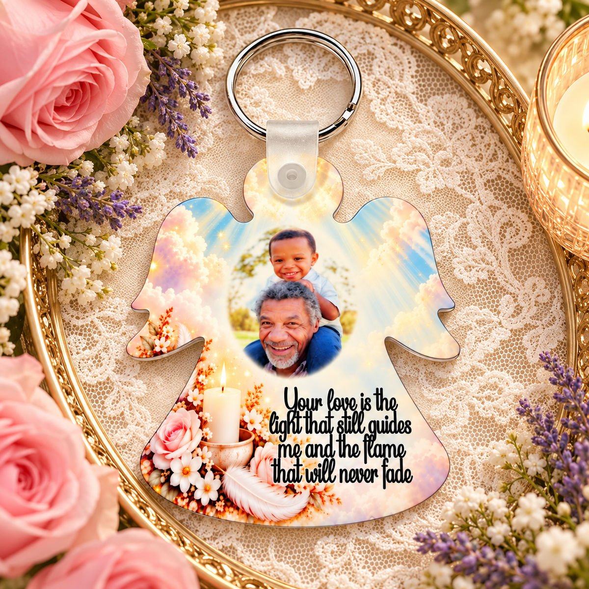 Memorial candle angel acrylic photo keyring displayed on a gold tray with lace, lavender, pink roses and candlelight