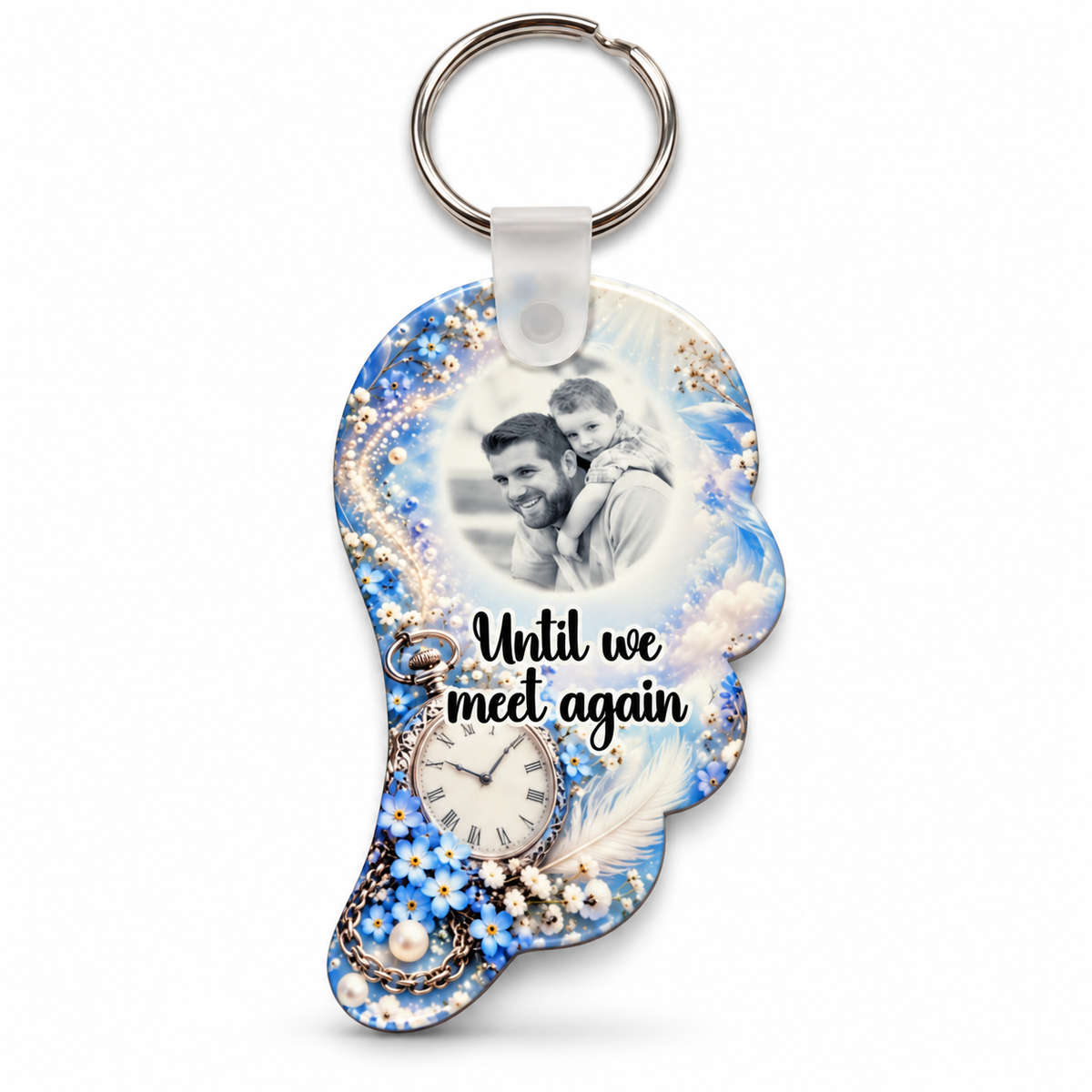 Personalised Until We Meet Again memorial angel wing keyring with photo, blue flowers, vintage clock and white feather