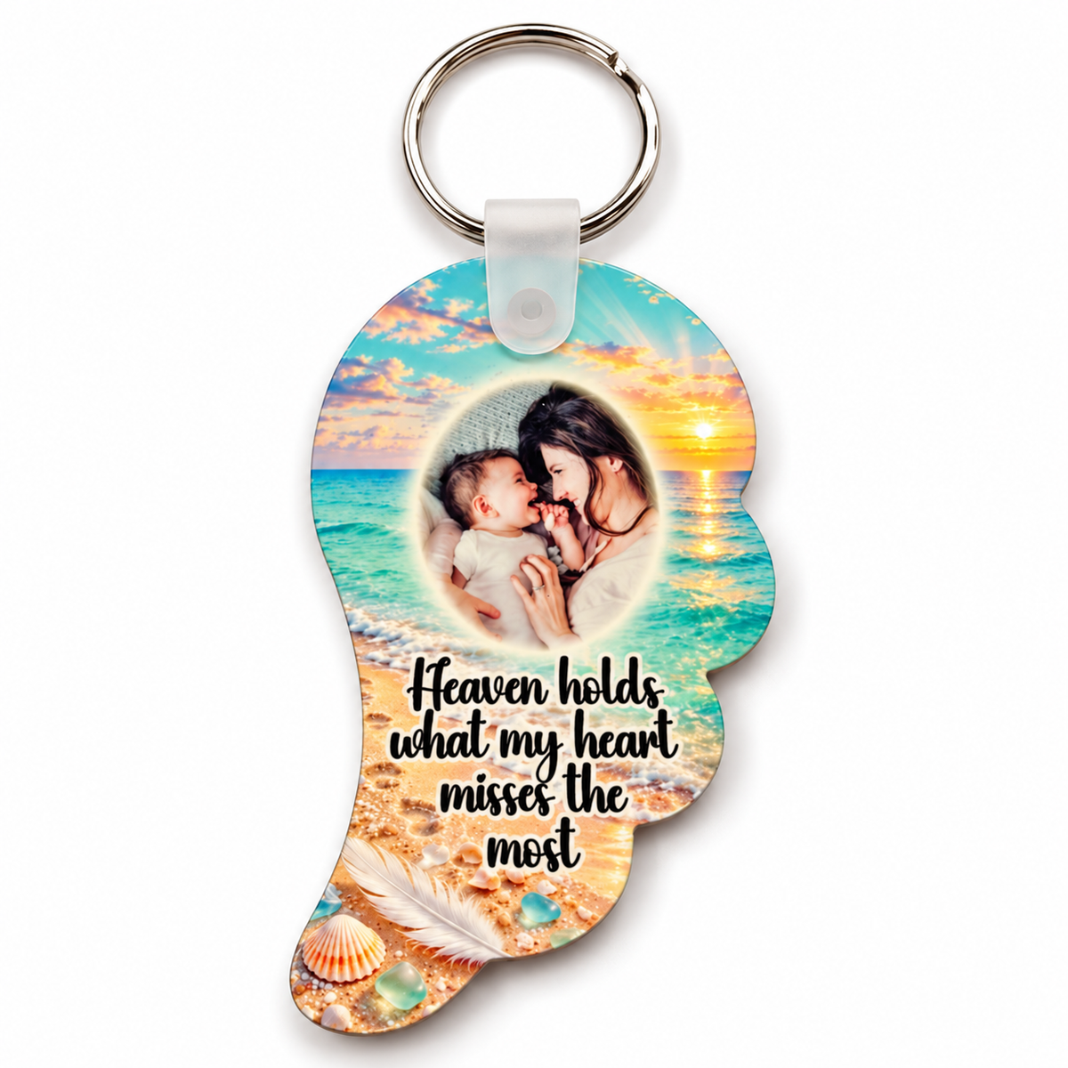 Personalised angel wing memorial photo keyring with turquoise sea, golden sunset, seashells and Heaven Holds verse