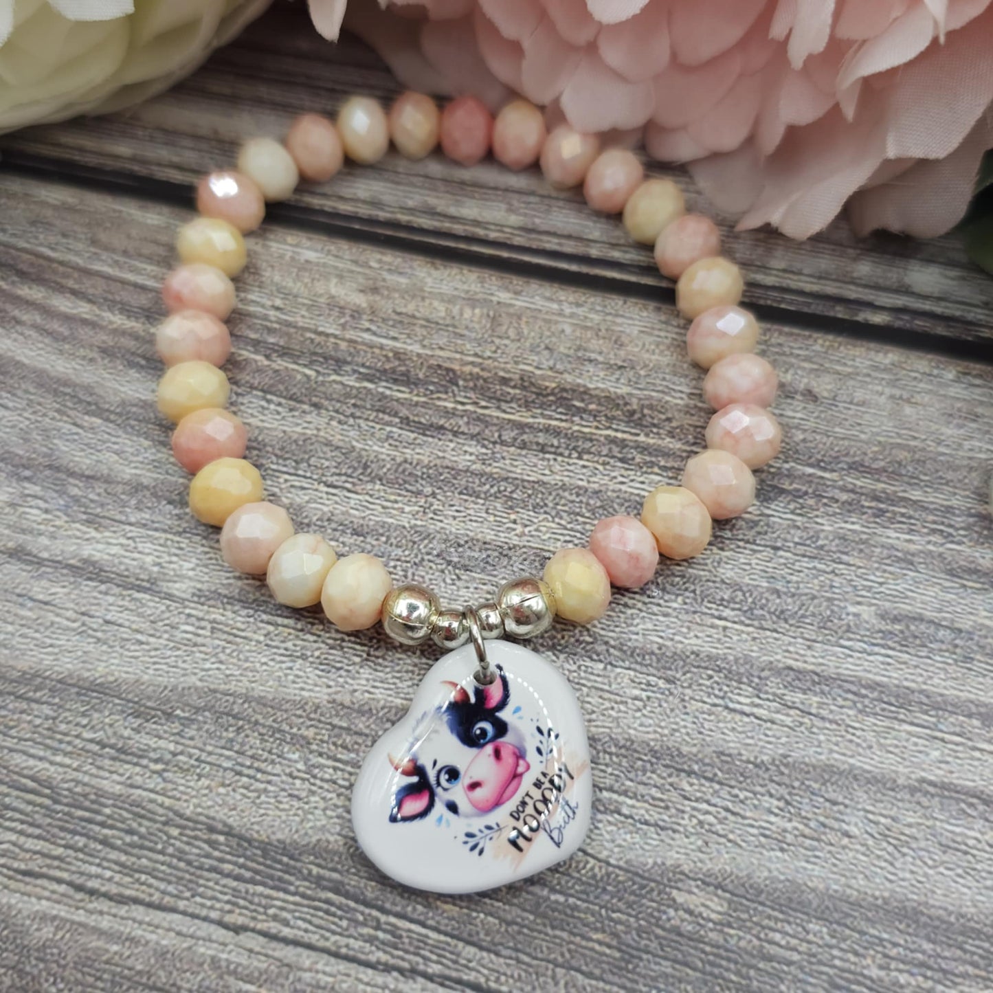 16cm don't be a moody cow Handmade Beaded Bracelet with Unique Charm – Glass or Gemstone Beads (128a)