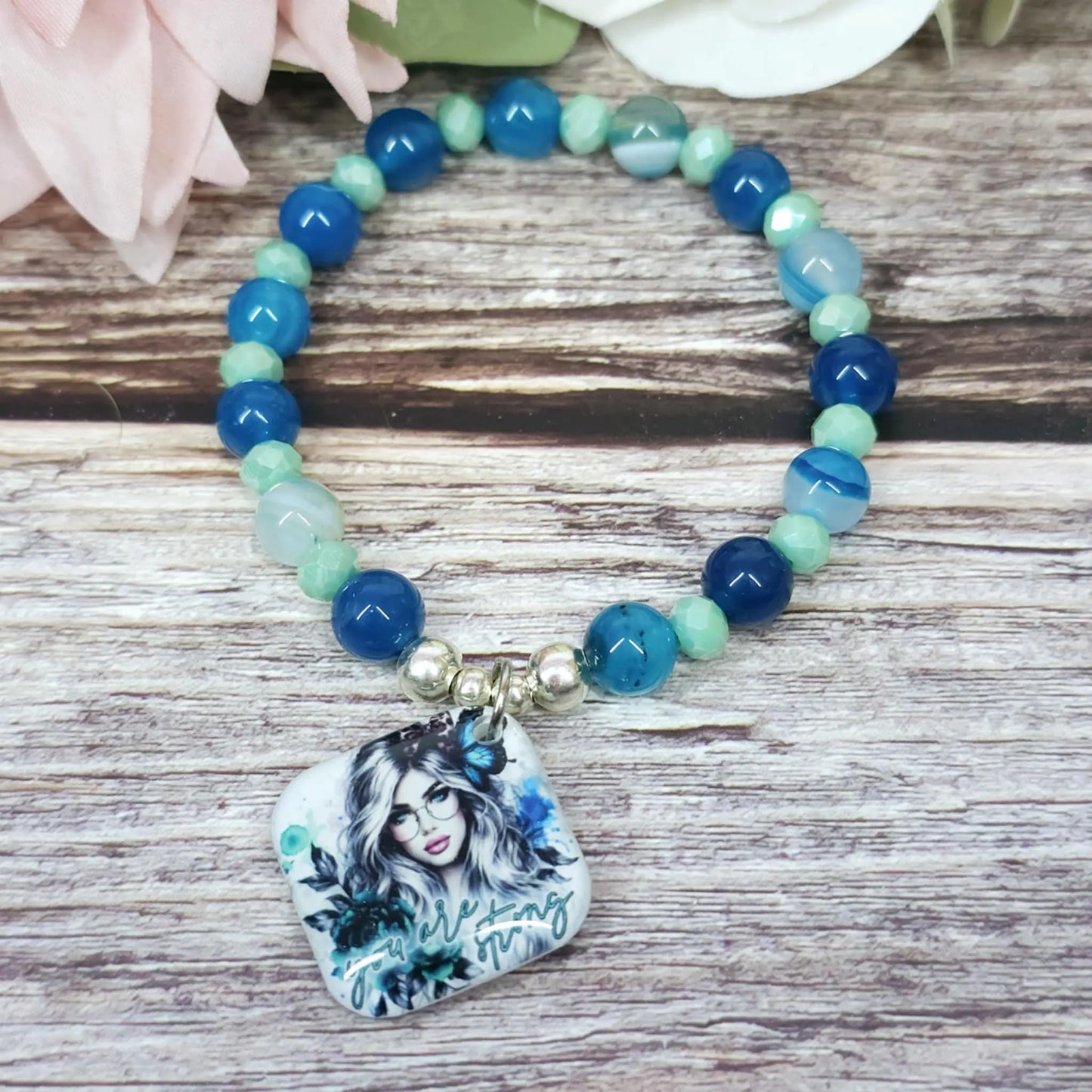 16cm You are strong Handmade Beaded Bracelet with Unique Charm – Glass or Gemstone Beads (75a)