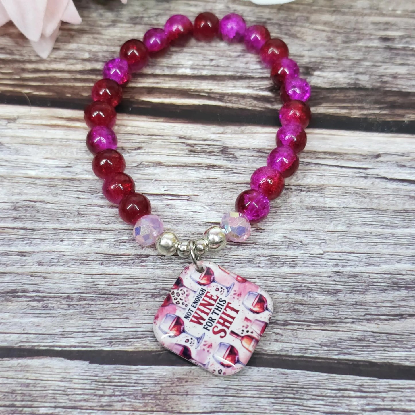 16cm Not enough wine Handmade Beaded Bracelet with Unique Charm – Glass or Gemstone Beads (87a)