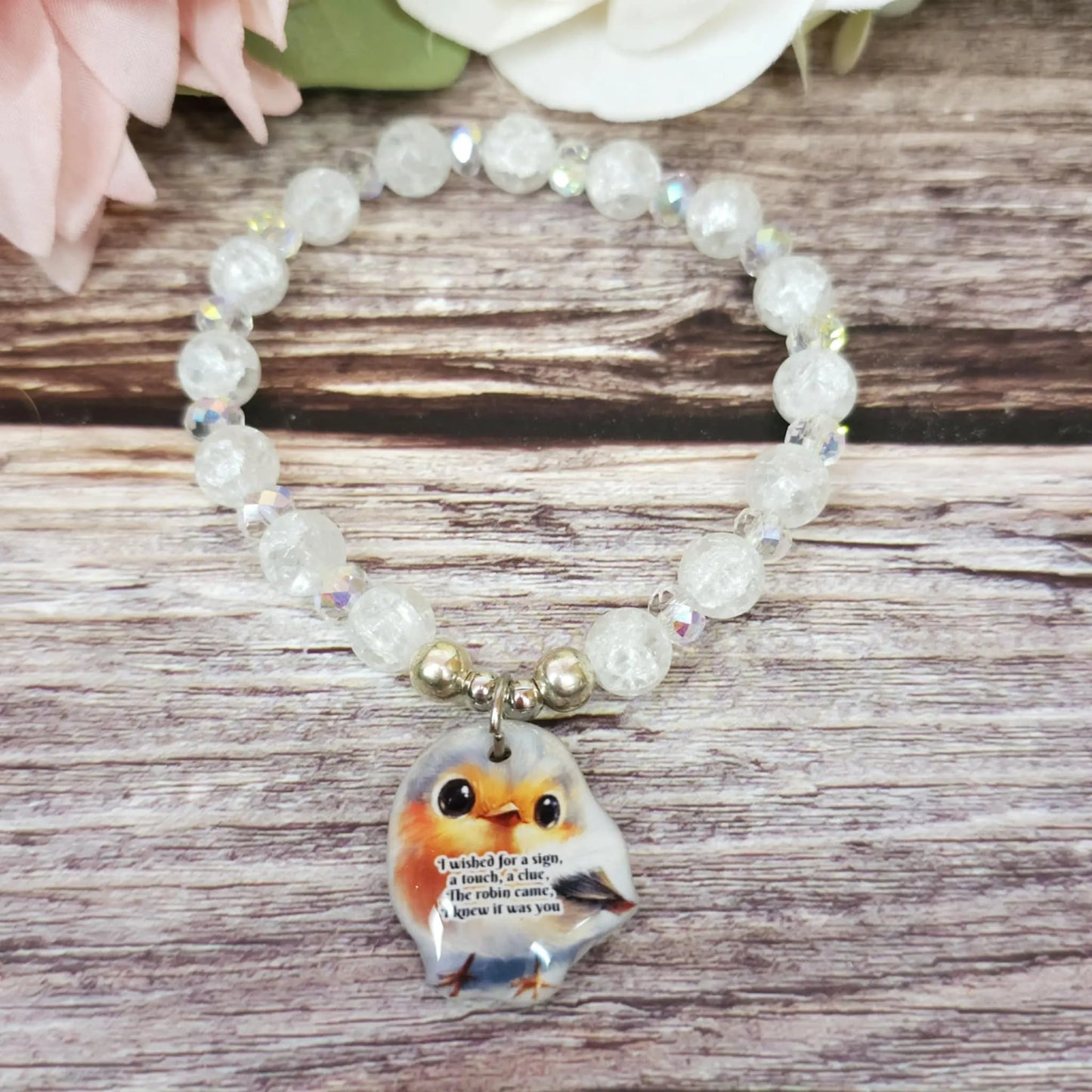 17cm Robin Handmade Beaded Bracelet with Unique Charm – Glass or Gemstone Beads (89a)