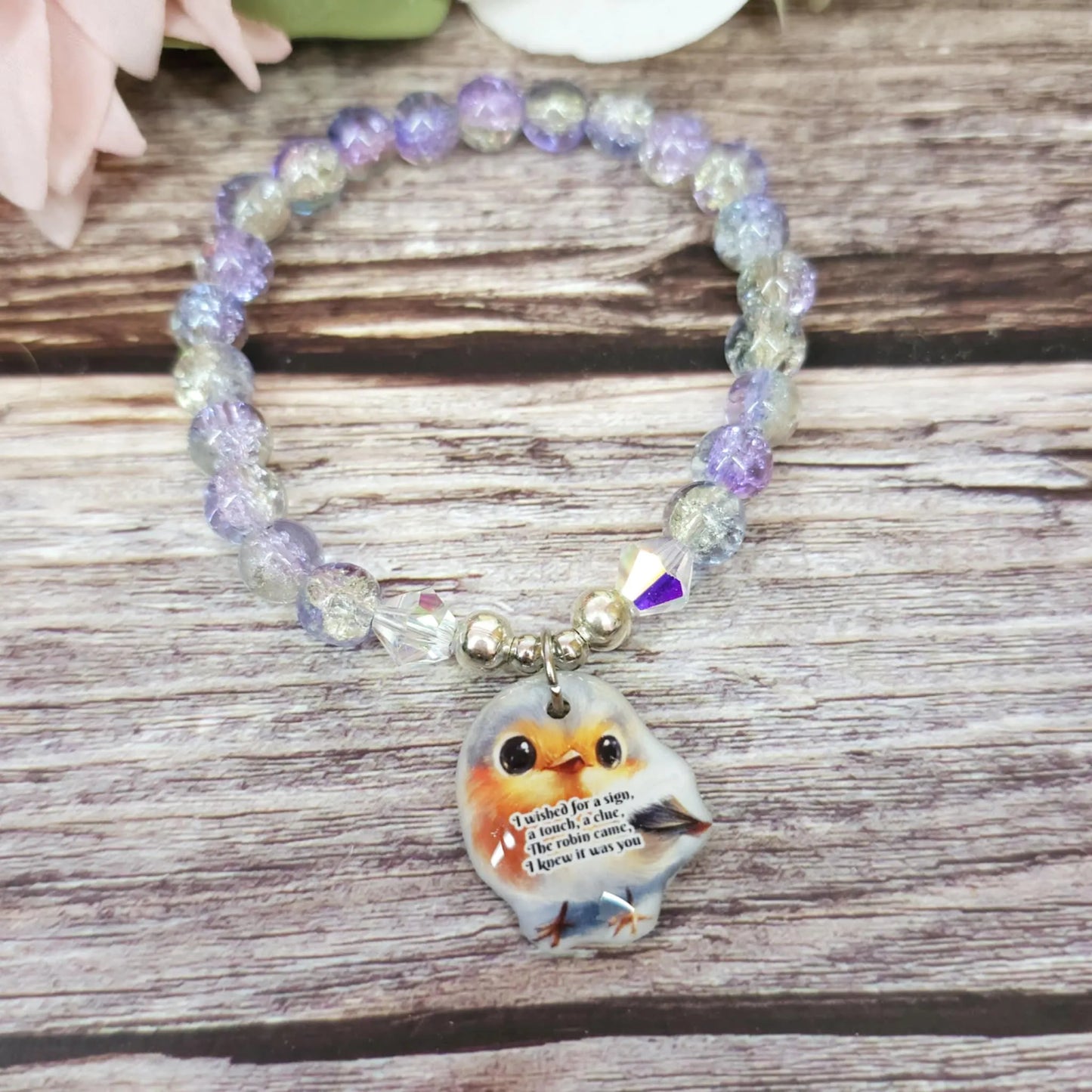 17cm Robin Handmade Beaded Bracelet with Unique Charm – Glass or Gemstone Beads (91a)