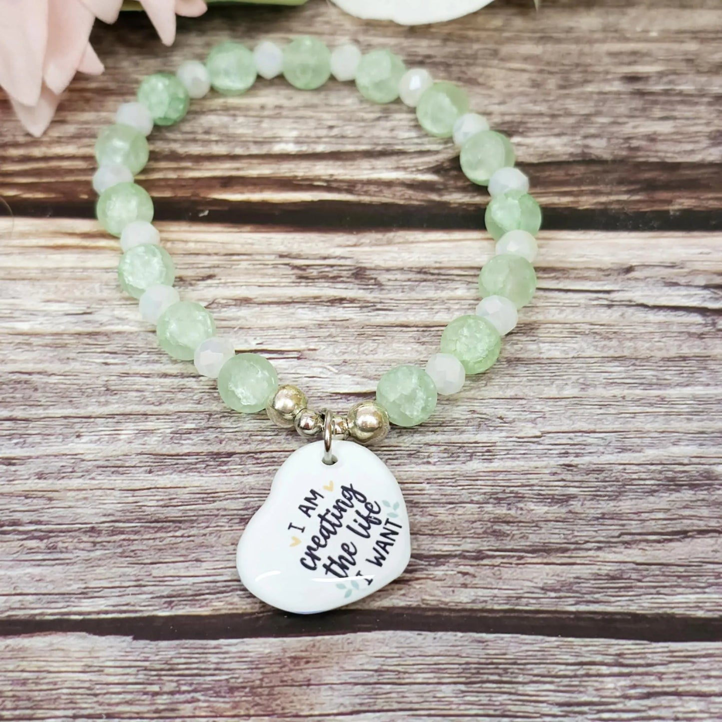 17cm I am creating the life i want Handmade Beaded Bracelet with Unique Charm – Glass or Gemstone Beads (98a)