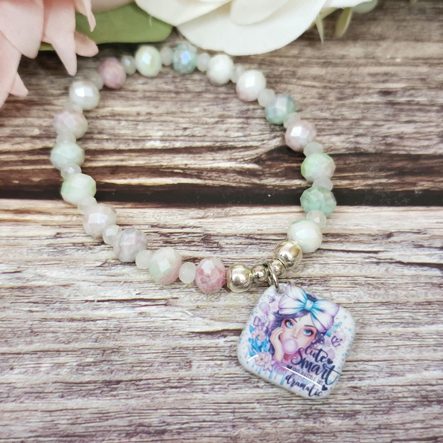 16cm Little bit dramatic Handmade Beaded Bracelet with Unique Charm – Glass or Gemstone Beads (109a)