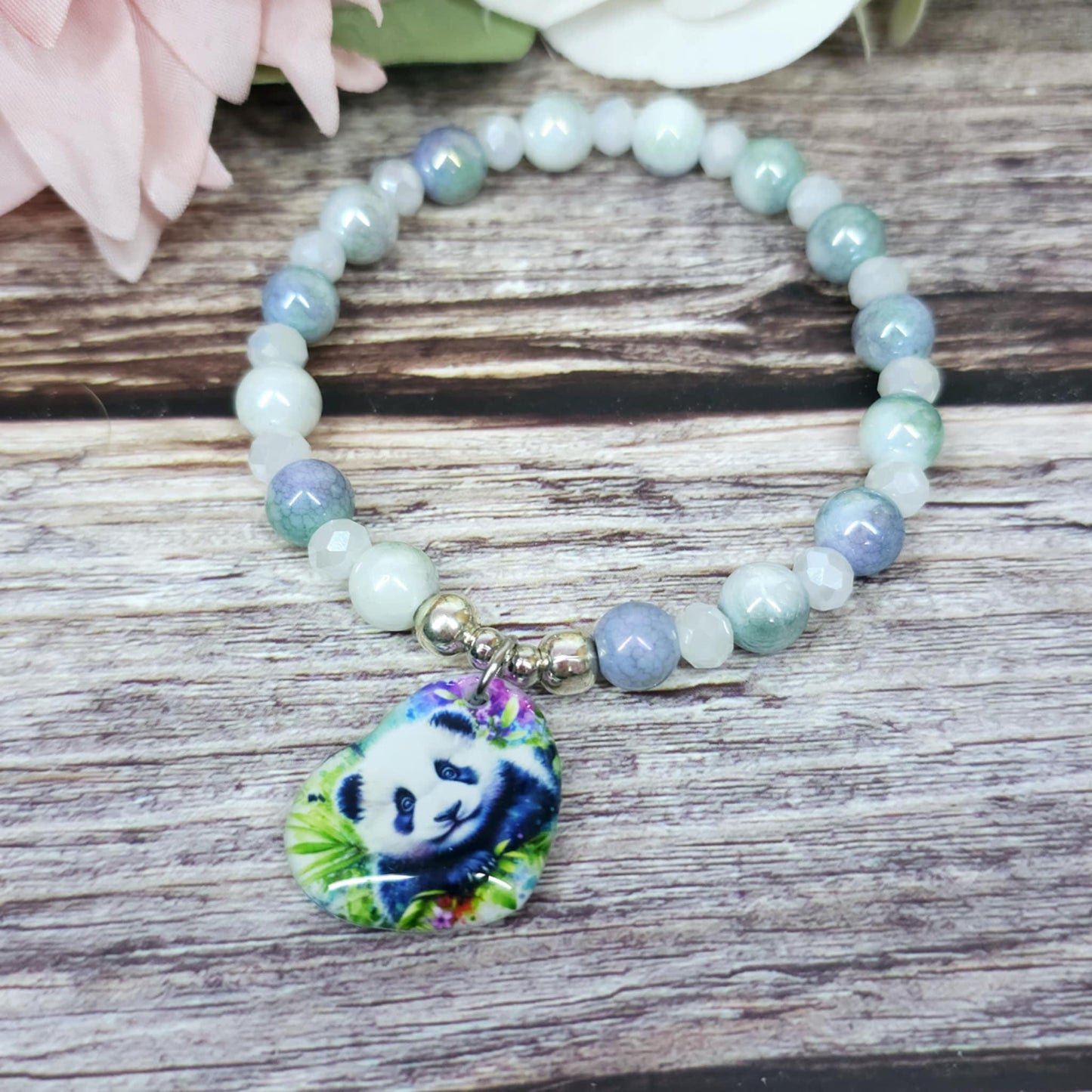 17cm Panda Handmade Beaded Bracelet with Unique Charm – Glass or Gemstone Beads (124a)