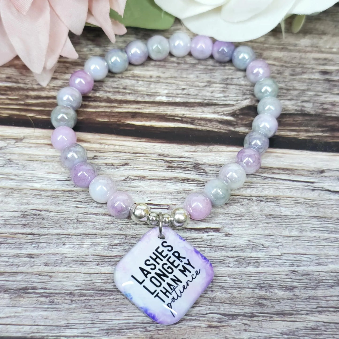 17cm Lashes longer than my patience Handmade Beaded Bracelet with Unique Charm – Glass or Gemstone Beads (69a)