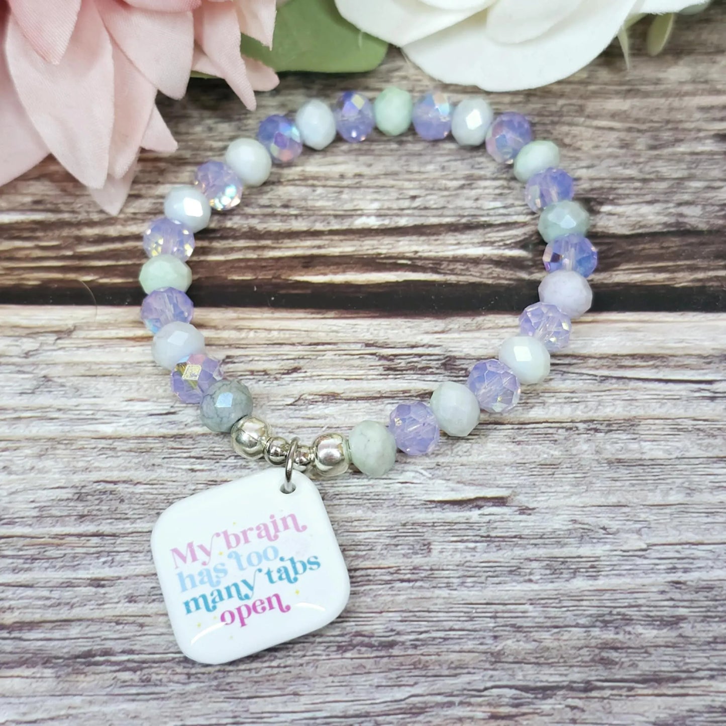 16cm My brain has too many tabs open Handmade Beaded Charm Bracelet – Glass or Gemstone Beads (73a)