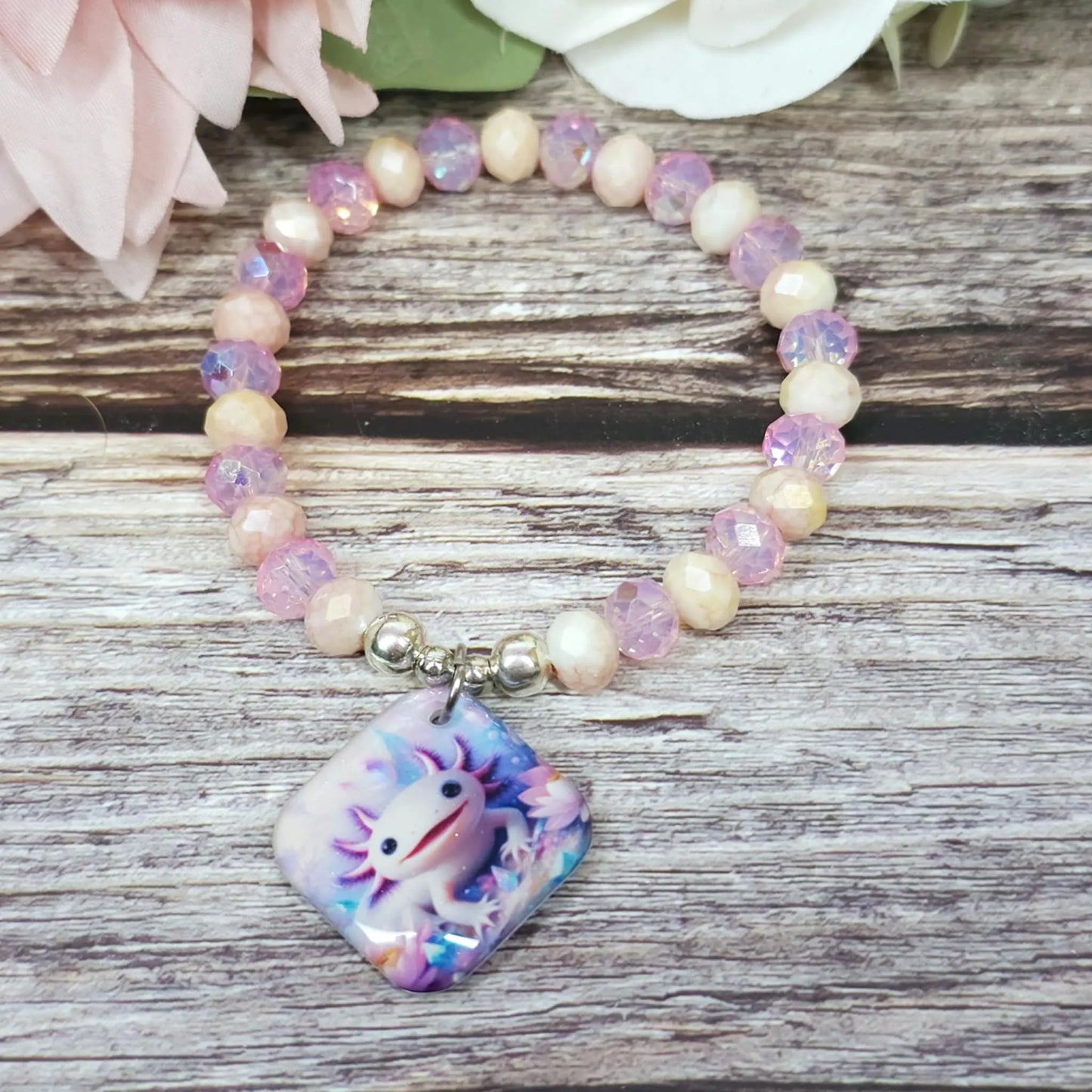 16cm Axolotl Handmade Beaded Bracelet with Unique Charm – Glass or Gemstone Beads (76a)