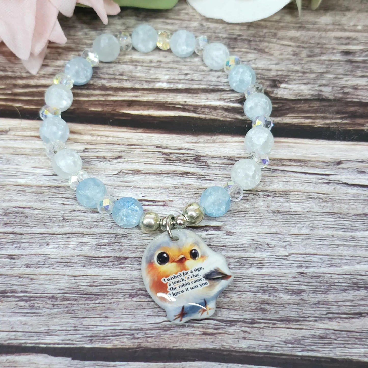 16cm Robin Handmade Beaded Bracelet with Unique Charm – Glass or Gemstone Beads (77a)