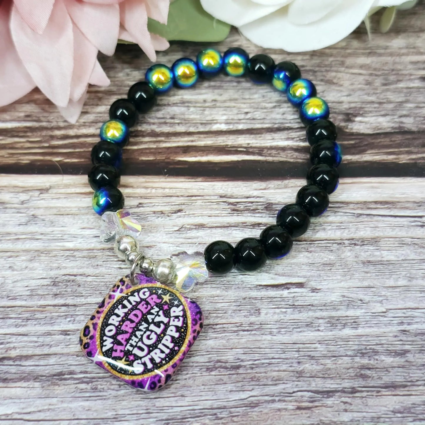 16cm Working harder Handmade Beaded Bracelet with Unique Charm – Glass or Gemstone Beads (78a)