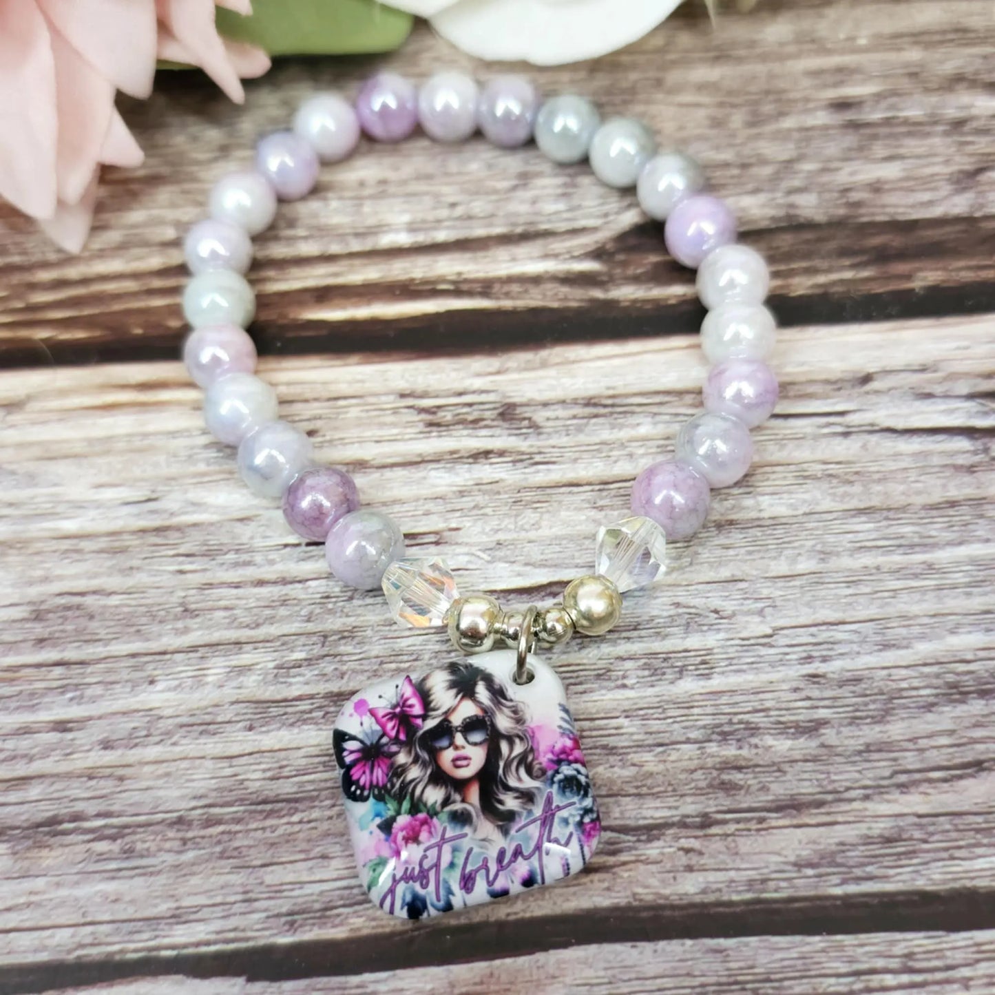 17cm Just breath Handmade Beaded Bracelet with Unique Charm – Glass or Gemstone Beads (90a)
