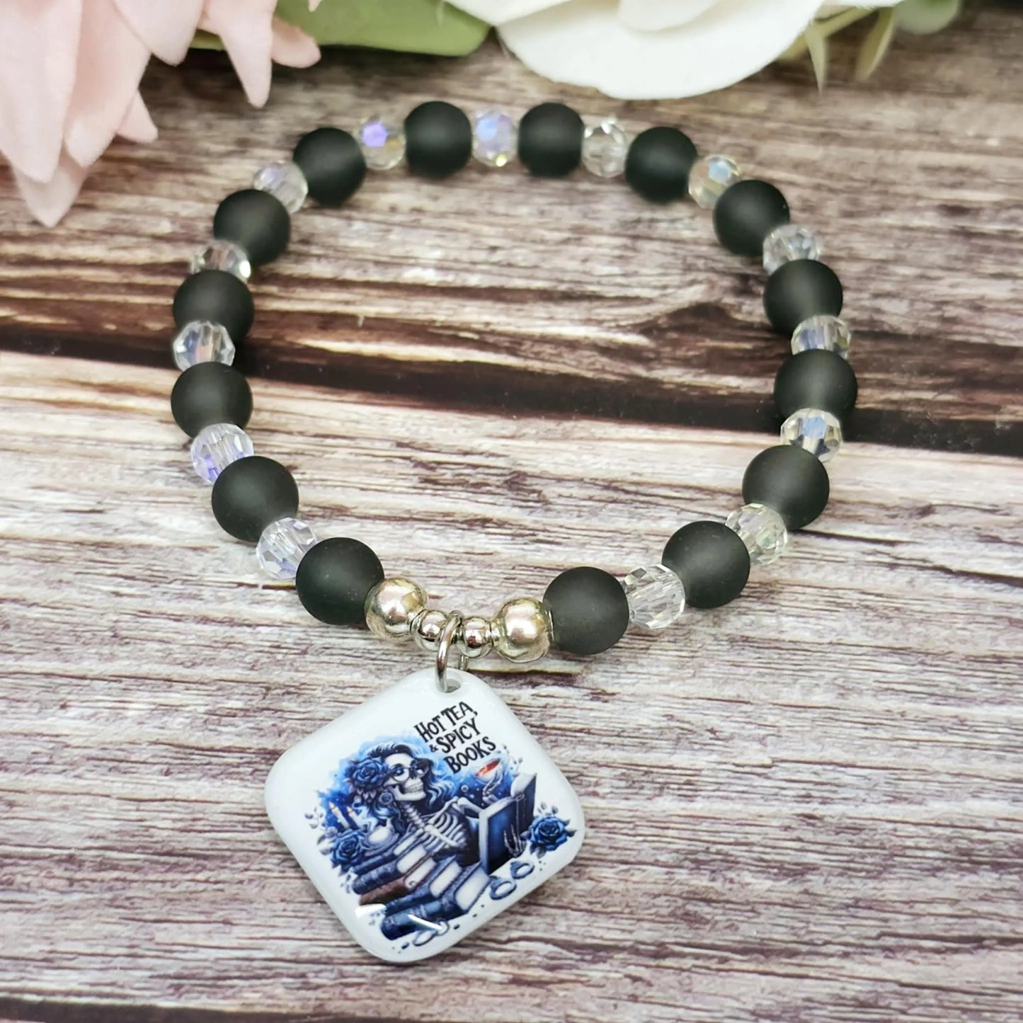 17cm Hot tea & spicy books Handmade Beaded Bracelet with Unique Charm – Glass or Gemstone Beads (101a)