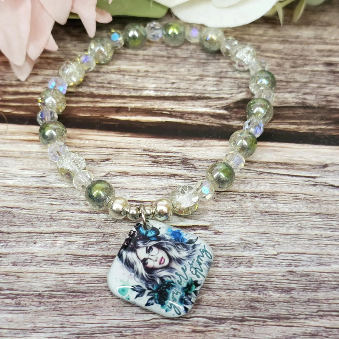 17cm You are strong Handmade Beaded Bracelet with Unique Charm – Glass or Gemstone Beads (102a)