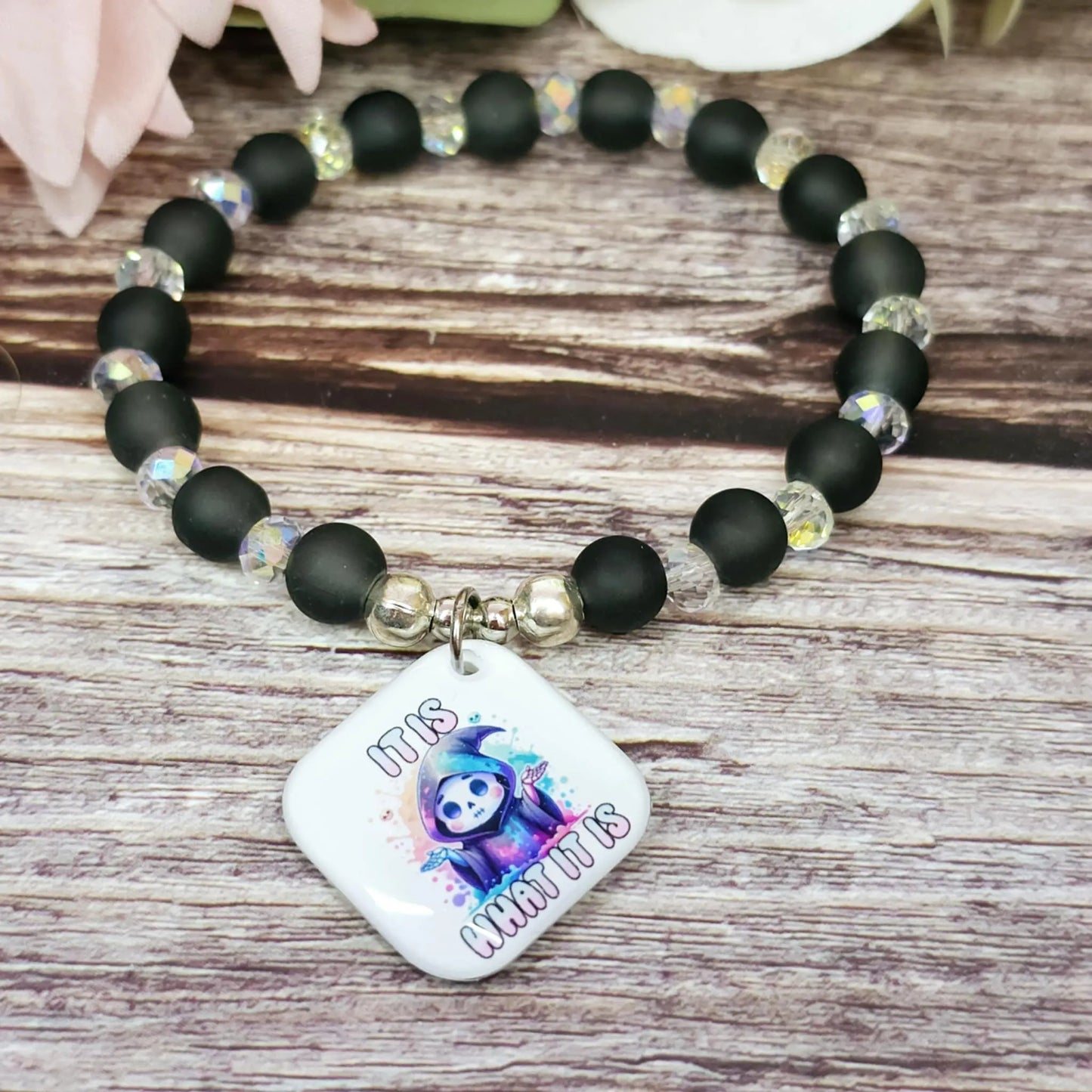 17cm It is what it is Handmade Beaded Bracelet with Unique Charm – Glass or Gemstone Beads (103a)