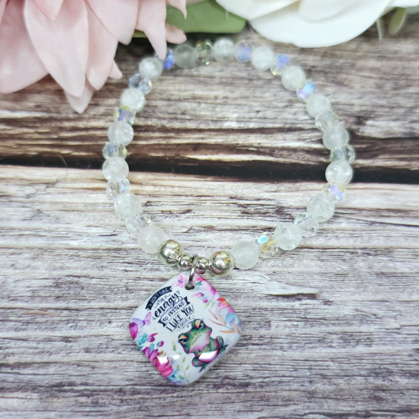 17cm I don't have the energy Handmade Beaded Bracelet with Unique Charm – Glass or Gemstone Beads (119a)