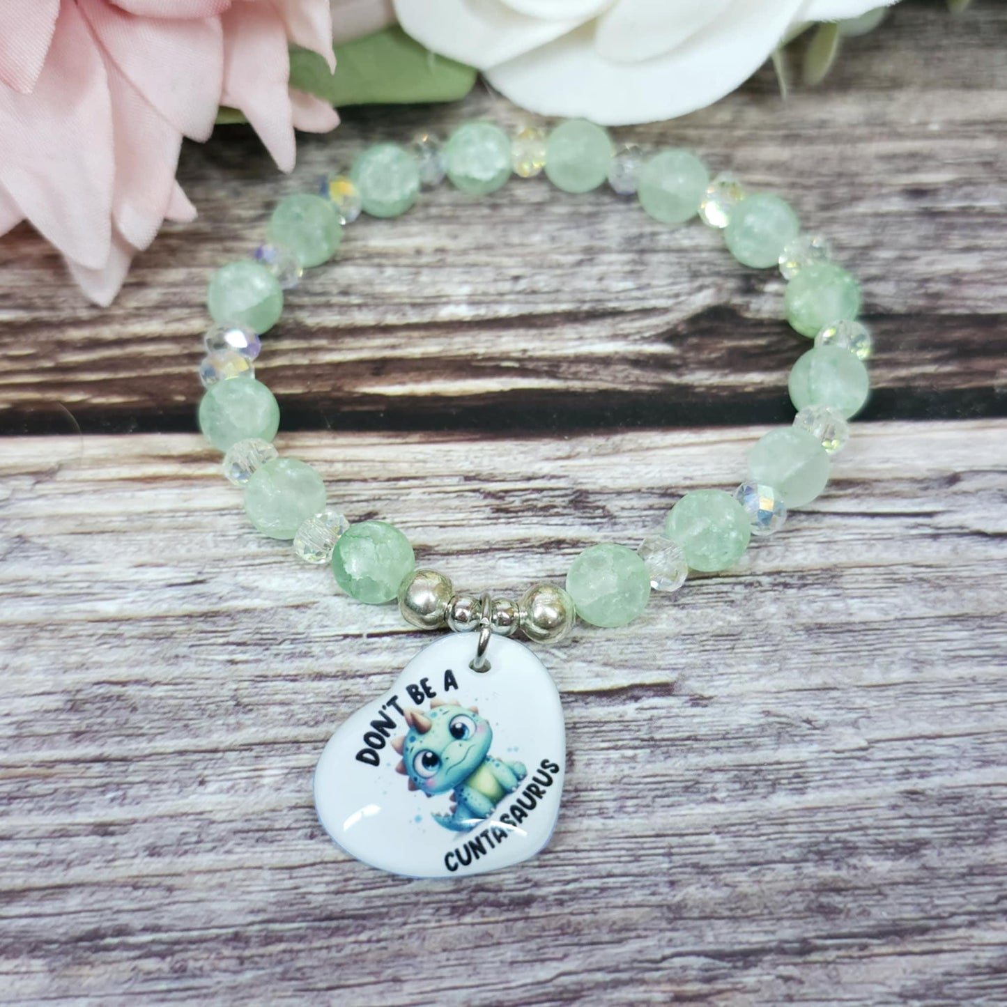 17cm don't be a c*ntasaurus Handmade Beaded Bracelet with Unique Charm – Glass or Gemstone Beads (121a)
