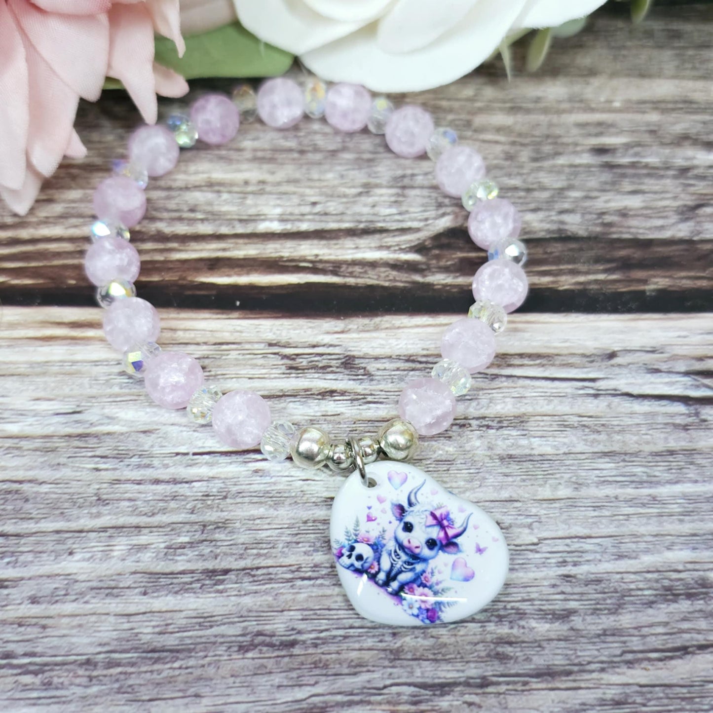 17cm Spooky highland cow Handmade Beaded Bracelet with Unique Charm – Glass or Gemstone Beads (123a)