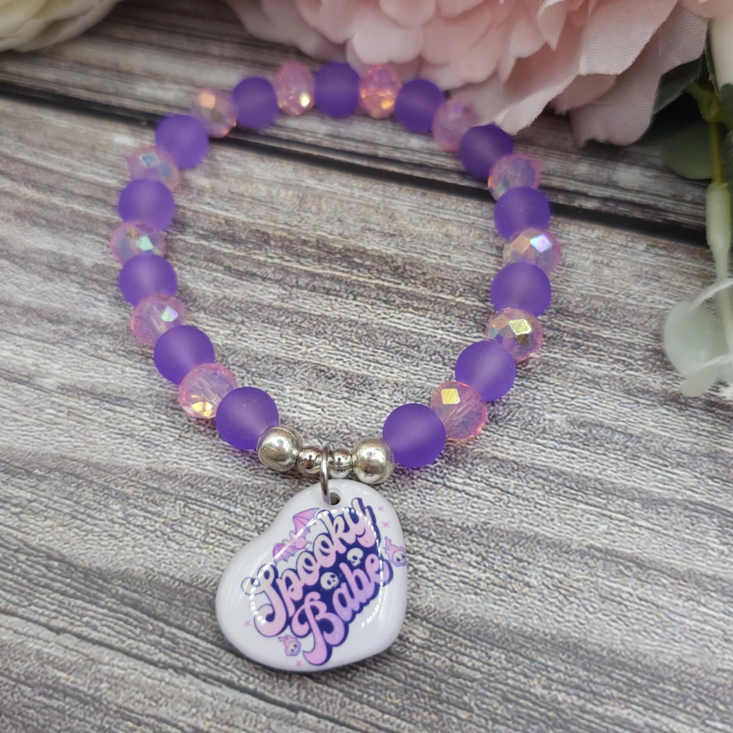 16cm spooky babe Handmade Beaded Bracelet with Unique Charm – Glass or Gemstone Beads (137a)