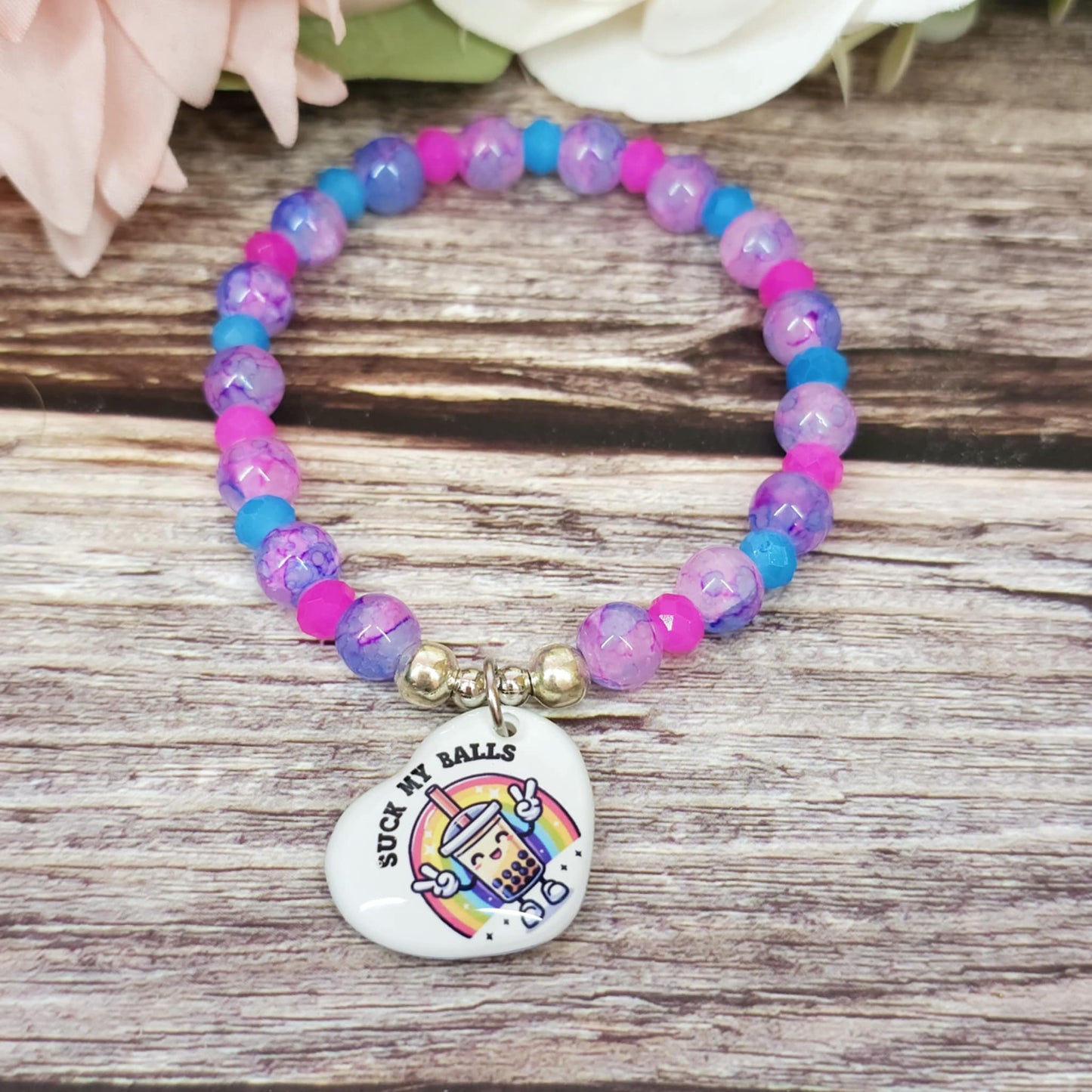 16cm suck my b*lls Handmade Beaded Bracelet with Unique Charm – Glass or Gemstone Beads (113a)
