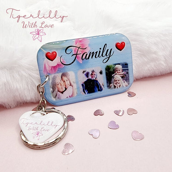 family 3 photo option personalised photo keyring, verse keyring, keepsake