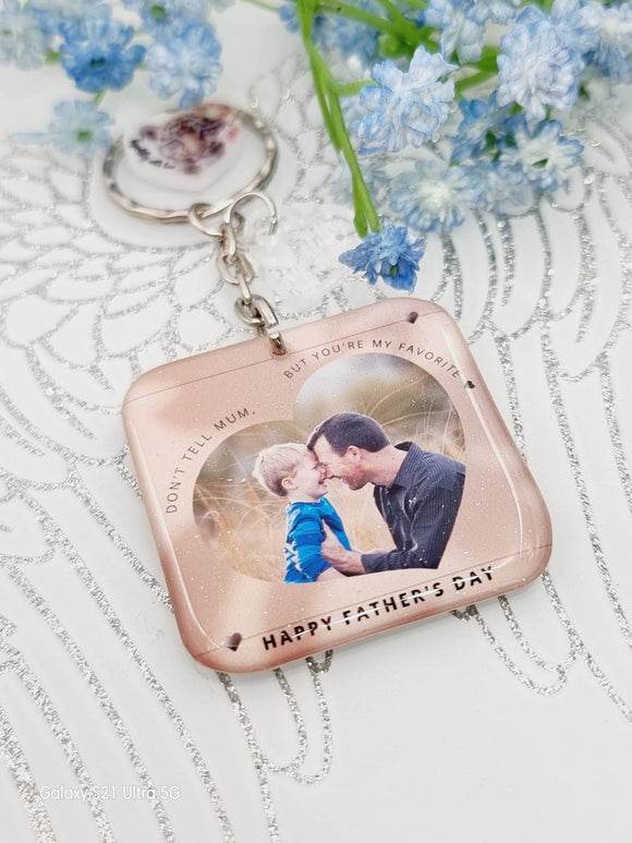 (dont tell mum but you're my favourite) happy fathers day square photo keyring, personalised keyring, keepsake