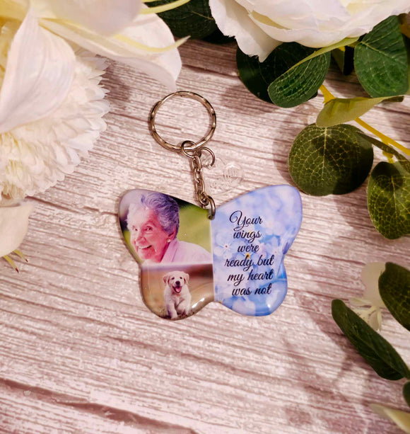 wings were ready butterfly personalised double photo butterfly keyring, verse keyring, keepsake
