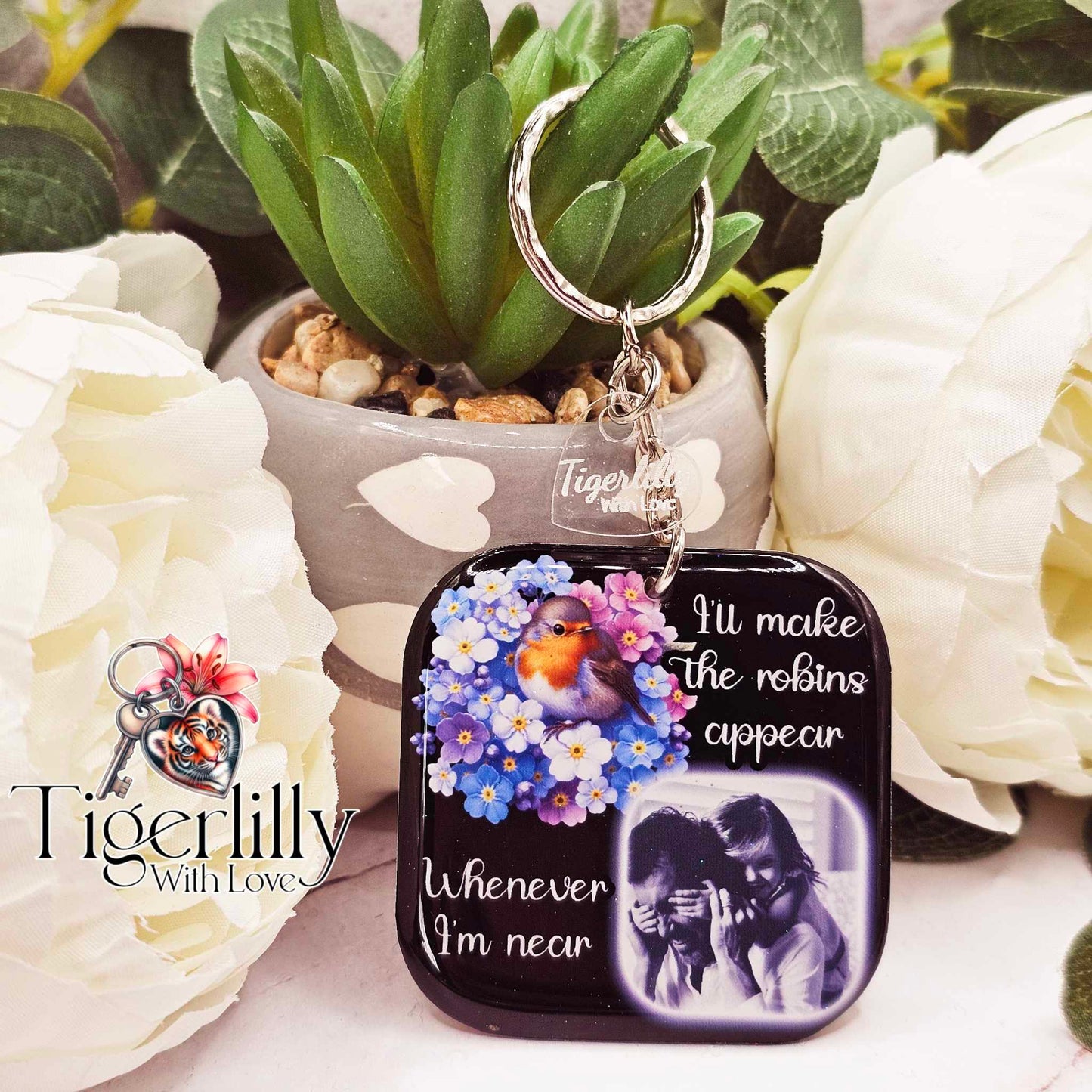 i'll make the robins appear square photo keyring, personalised keyring, keepsake