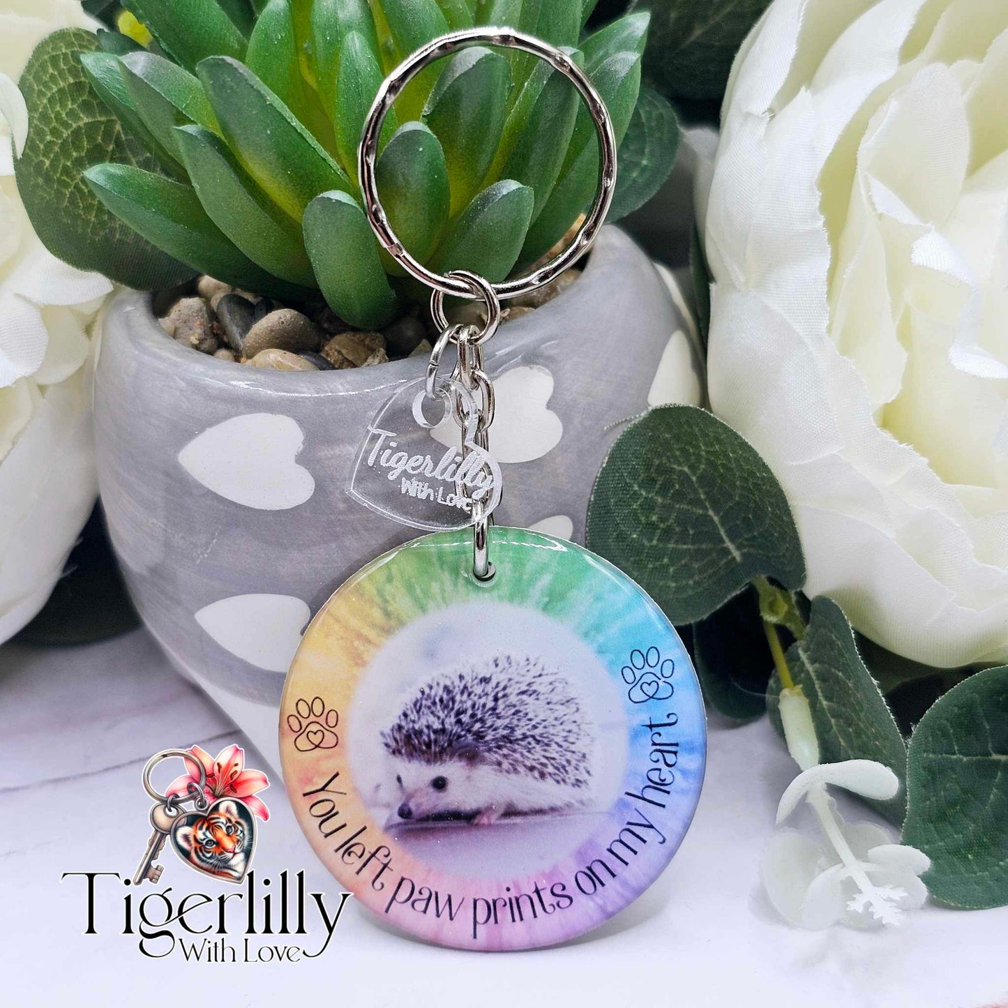personalised pet memorial photo keyring UK with hedehog photo