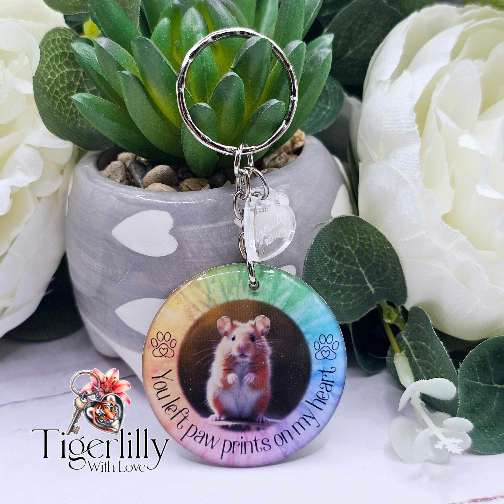 personalised pet memorial photo keyring UK with hamster photo