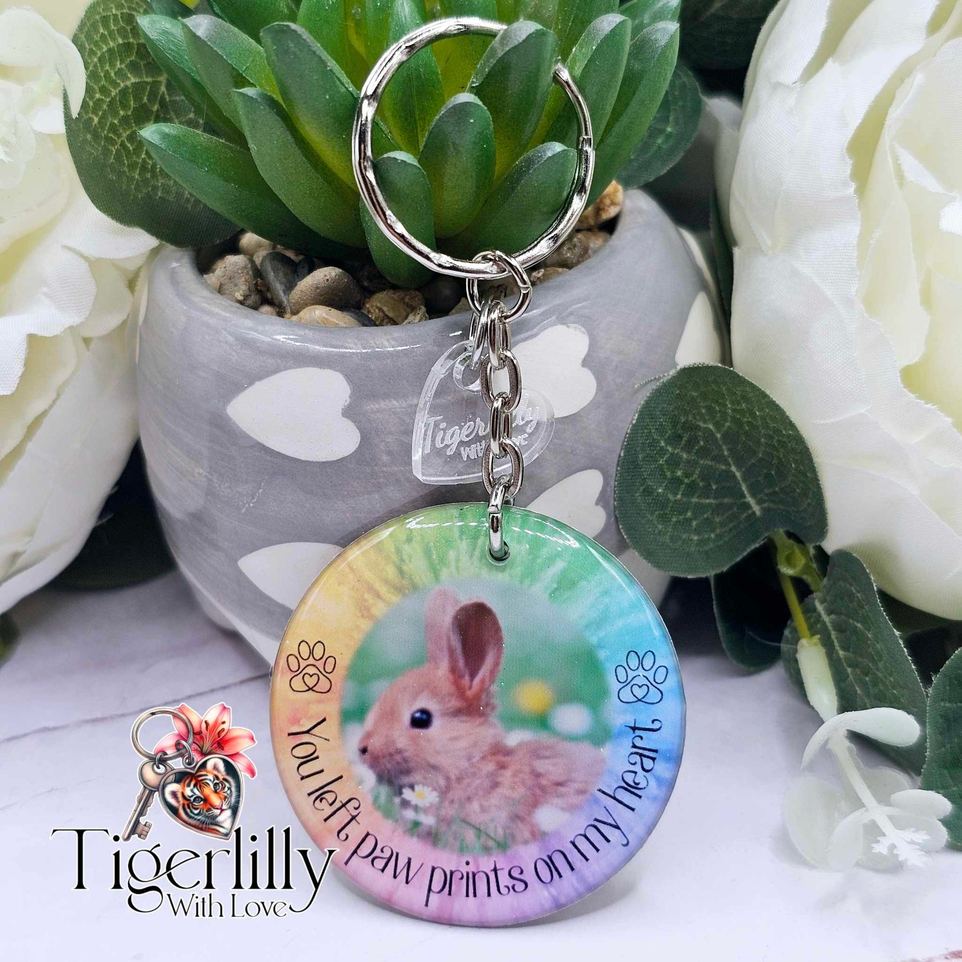 personalised pet memorial photo keyring UK with rabbit photo