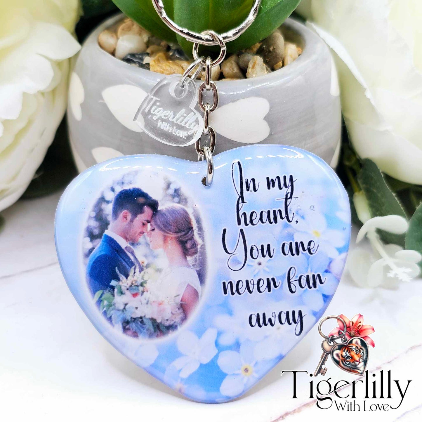 In my heart, you are never far away. personalised heart photo keyring, verse keyring, keepsake