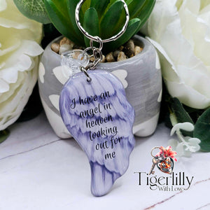 i have an angel looking out for me. angel wing keyring, verse keyring, keepsake