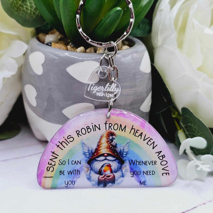 I sent this robin, gonk rainbow keyring, verse keyring, keepsake