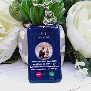 mobile phone call screen personalised photo keyring, verse keyring, keepsake