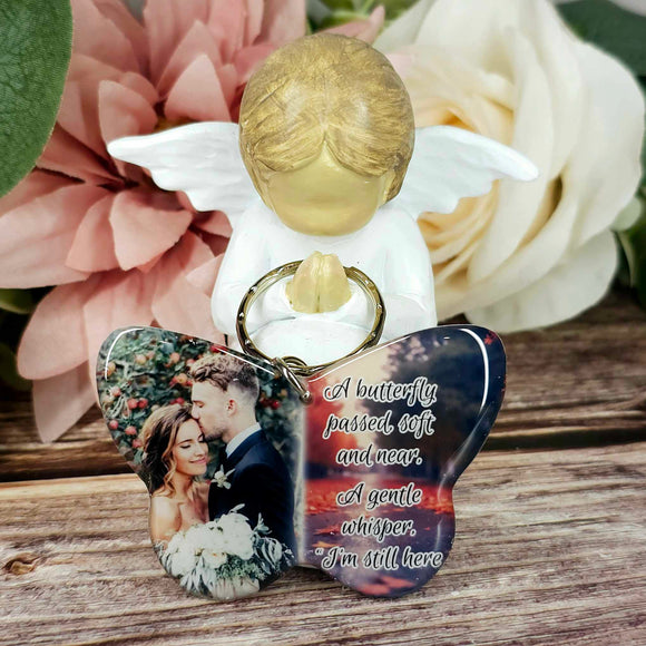 A butterfly passed soft and near,  butterfly personalised photo keyring, verse keyring, keepsake