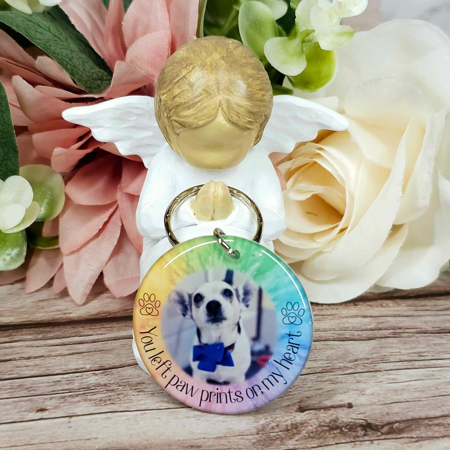 personalised pet memorial photo keyring UK with dog photo