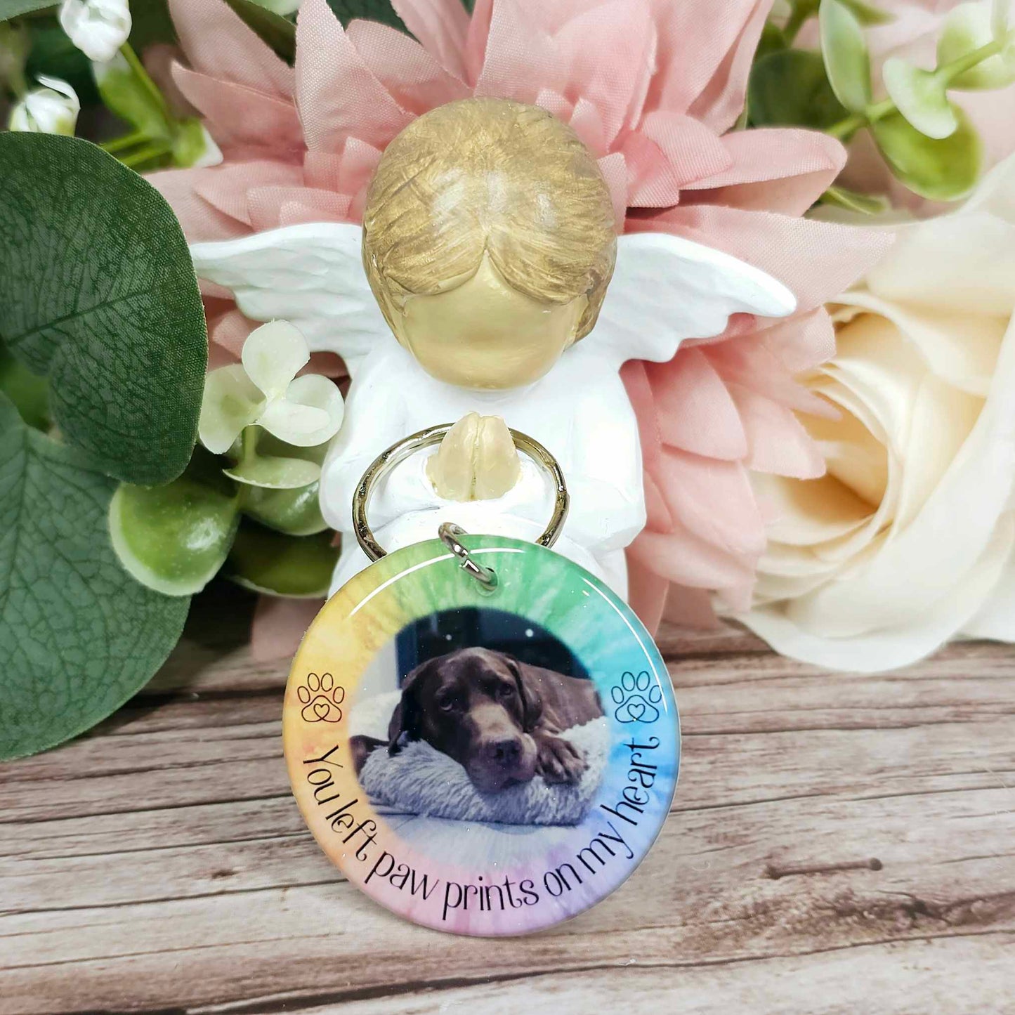 personalised pet memorial photo keyring UK with dog photo
