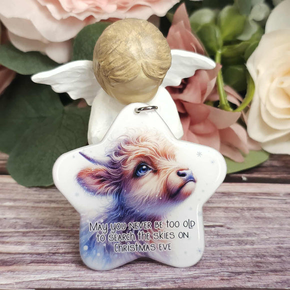 May you never be too old to search the skies on christmas eve, Highland cow Christmas star ornament, Christmas gift, keepsake
