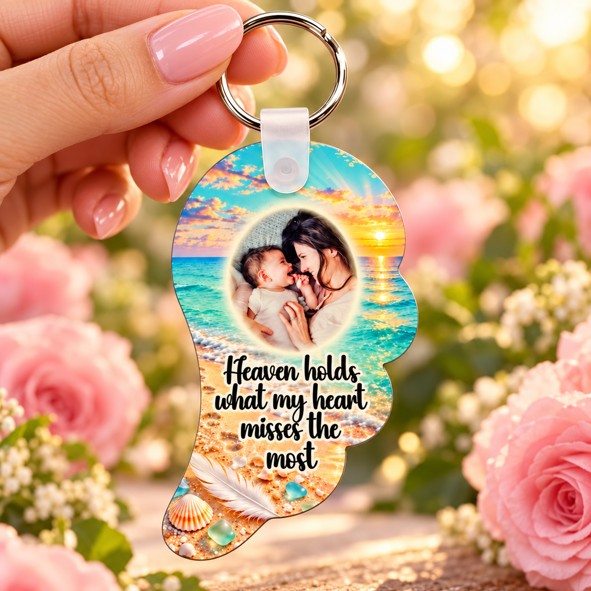 Seaside sunset angel wing memorial keyring held in hand against soft pink roses
