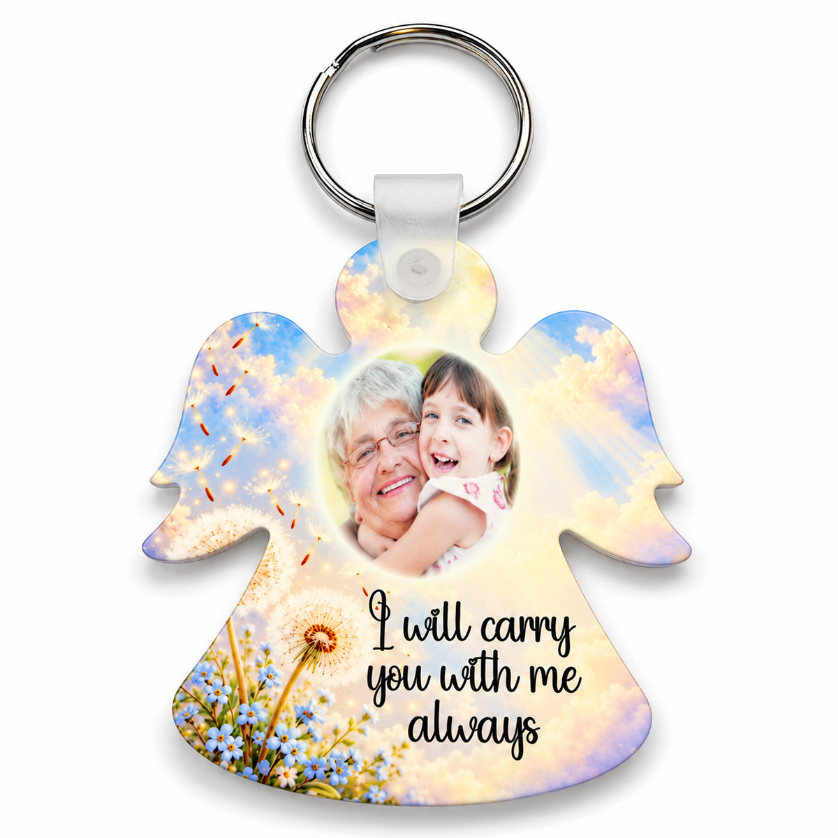 Personalised I Will Carry You With Me Always memorial angel keyring with family photograph, dandelion wishes and blue forget-me-nots